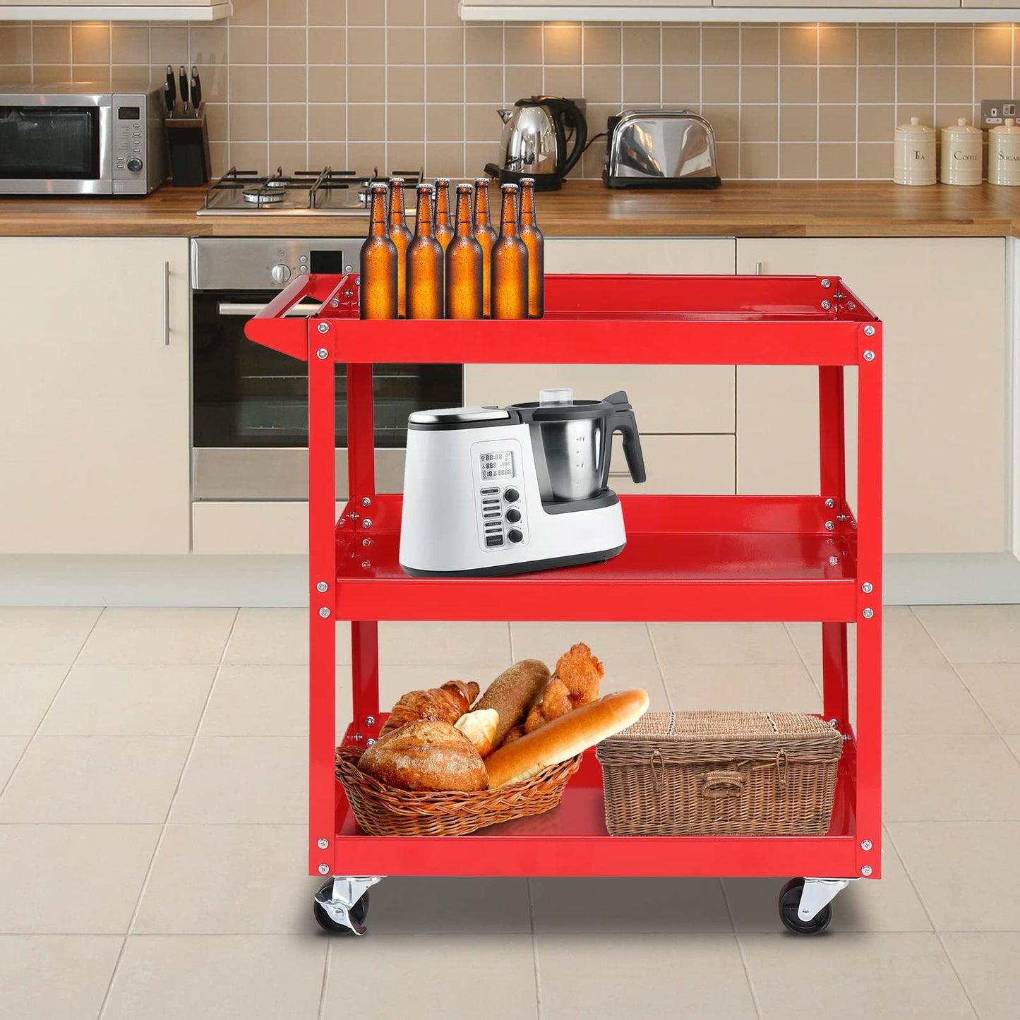 TUFFIOM 3 Tier Rolling Tool Cart, 330 Lbs Capacity, Red, 3 Shelves Steel Utility Cart for Garage, Workshop, Warehouse & Repair Shop