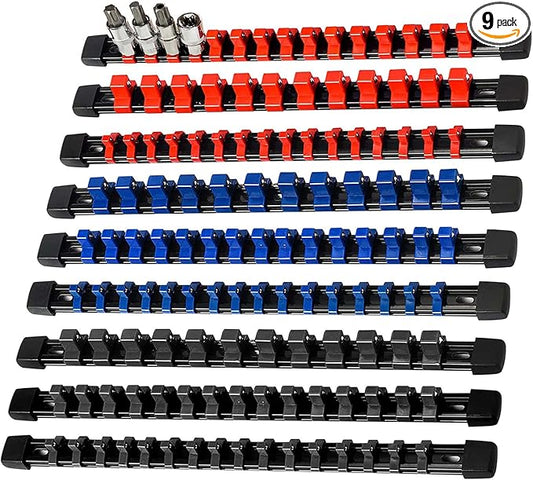 AMM 9-Piece Socket Organizer, 1/2 inch, 3/8 inch and 1/4 inch Drive ABS Tools-Socket Holder,Heavy Duty Socket Racks, Premium Quality Socket Clip Rail Holder,The best tool trays in the garage