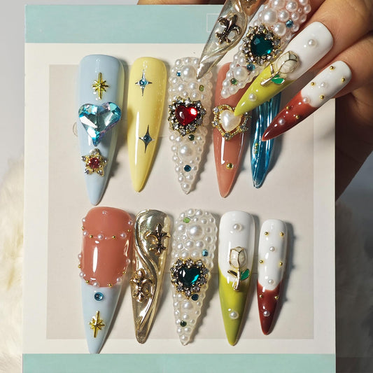 Handmade Press On Nails Stiletto, French Tip Press On Nails Long, Rhinestone Pearl 3D Nails For Women Gift, Reusable Stick On Fake Nails Kit With Nail Glue (Multicolor, M)