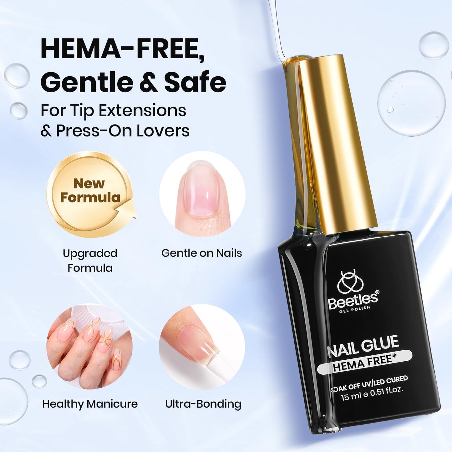 Beetles 3Pcs 15ml HEMA-Free Nail Prep & Glue Set, Professional Protein Nail Prep Acid-Free Dehydrate Bond Primer, TPO Free 9 in 1 Nail Glue Gel for Nail Tips Clear Press On Nails Nail Extension