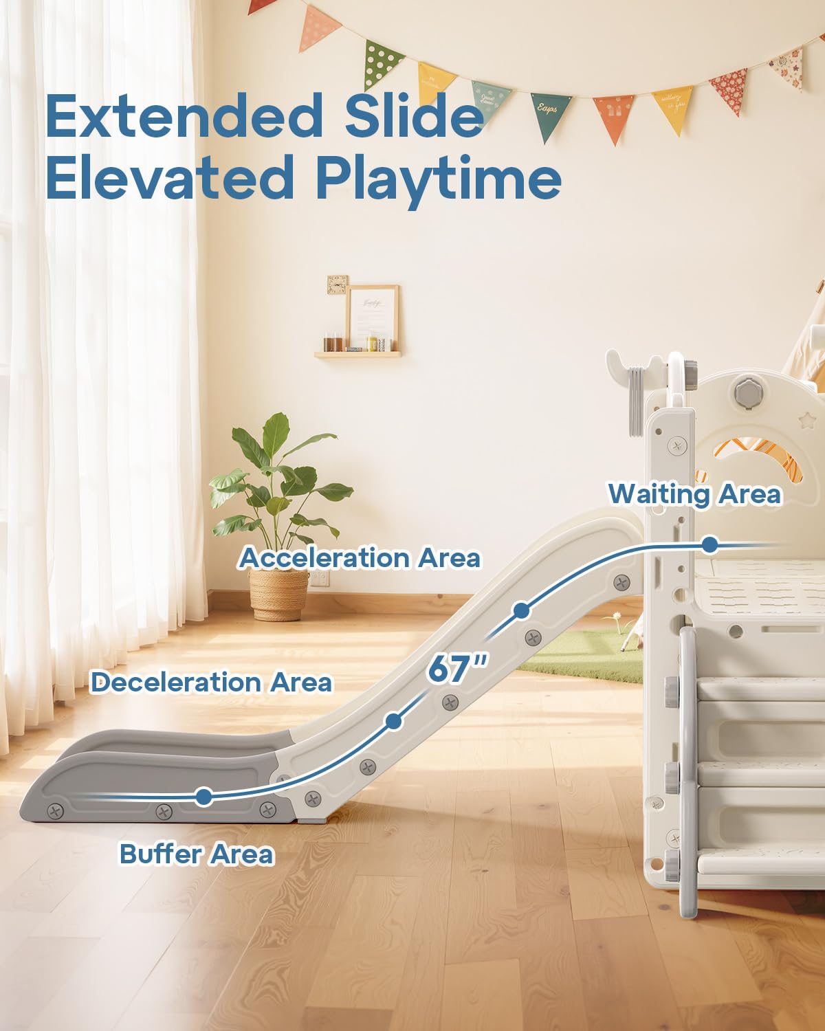 BIERUM Toddler Slide Set, 13 in 1 Kids Indoor Slide for Toddler 1-3, Indoor Outdoor Toddler Slide Playset with Basketball Hoop, Golf Game & Drawing Board, Baby Indoor Slide Playground, Cream&Gray