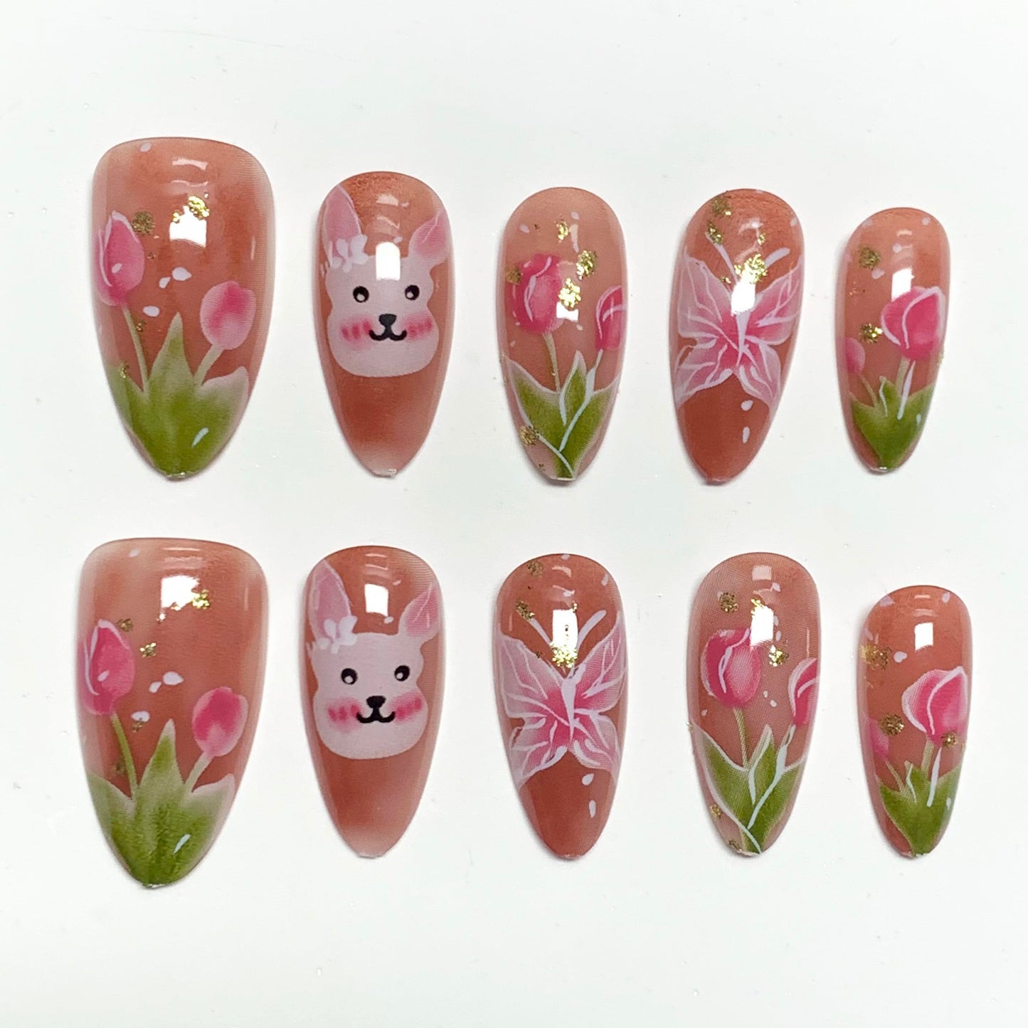 BABALAL Press On Nails, Short Almond Fake Nails, Pink Blossom With Bunny & Floral, Cute Kawaii Spring Summer Glossy Glue On Nails For Women And Girls Kids 24Pcs