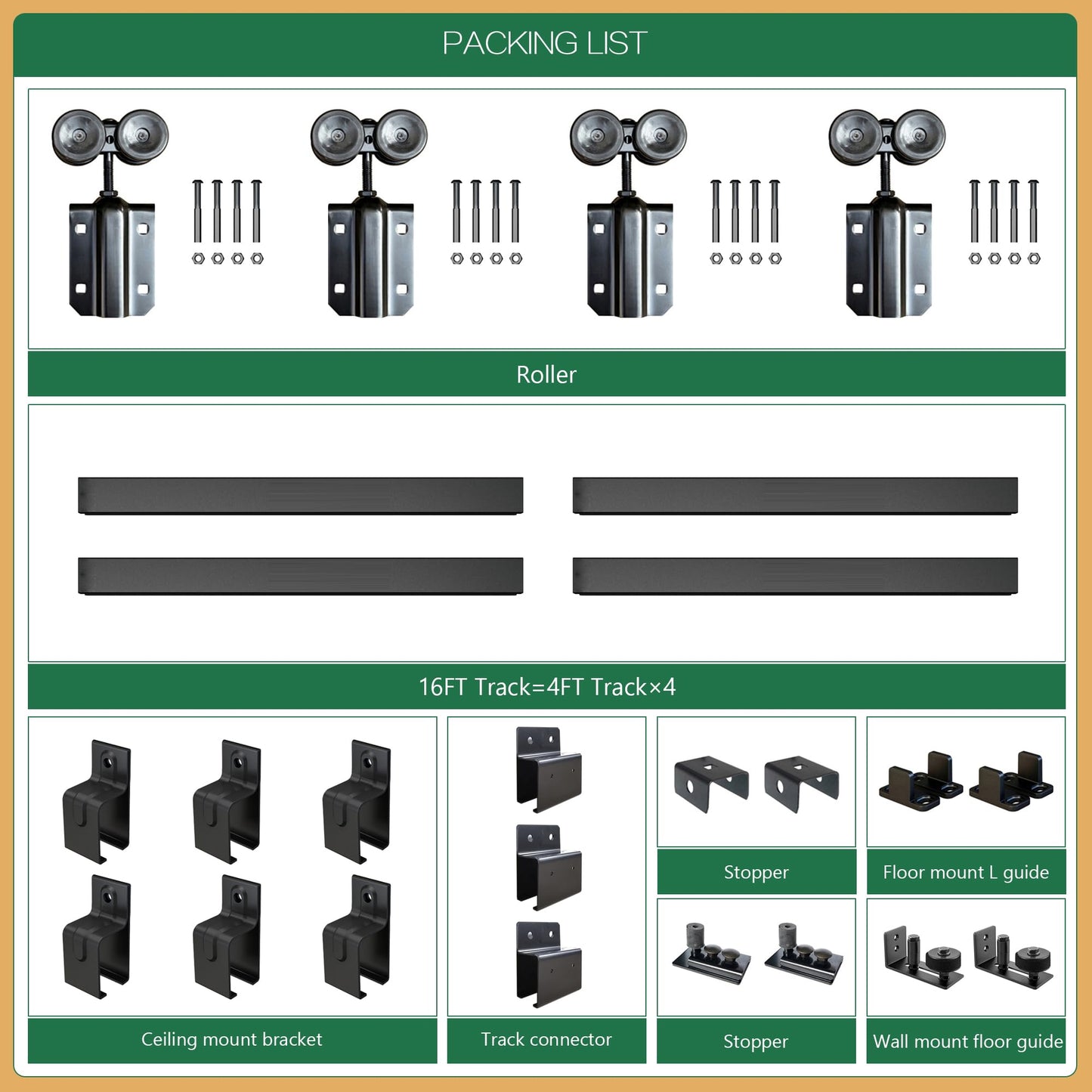 16FT Double Door Industrial Grade Black Double Door Track Kit for Exterior Sliding Barn Doors Heavy Duty Box Rail, Wall Mounted, Max Load 300lbs (Hardware Only,No Door)