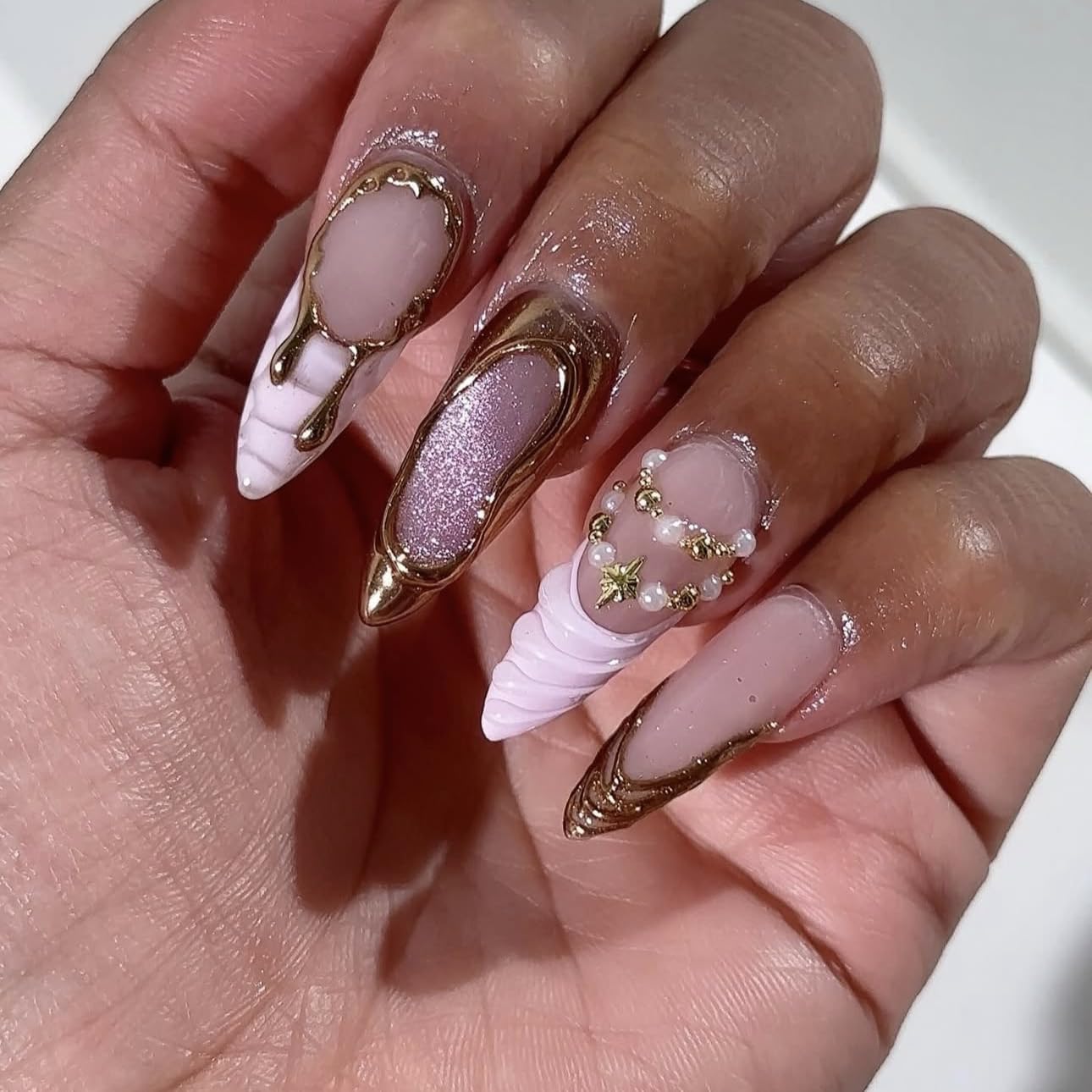 plalely Almond Press on Nails Long Pink Fake Nailwith 3D Charms Acrylic Nail Press ons Golden Embossed Stick on Nails for Women 24pcs