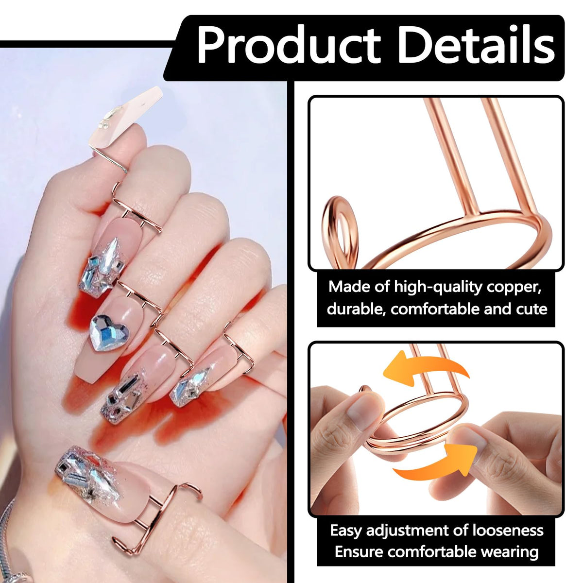 Bagentry 20 Pieces Detachable Nail Rings Rose Gold, Adjustable Fingernail Rings for Women Girl Gift, Reusable No Glue Metal Nails for Fingers Art Decoration (Rose Gold)