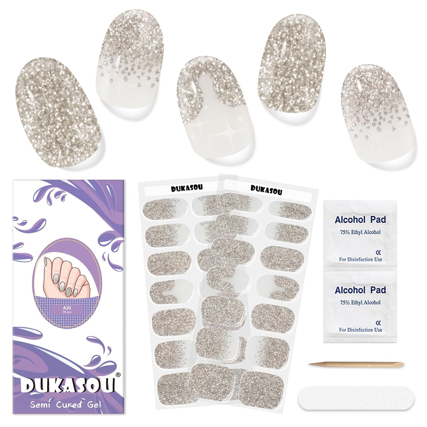 DUKASOU Semi Cured Gel Nail Strips,28 pcs Sparkling Gold Gel Nail Stickers with UV Light Required,French Full Over Wraps Nail Art Stickers, Easy to Apply（French Gold）