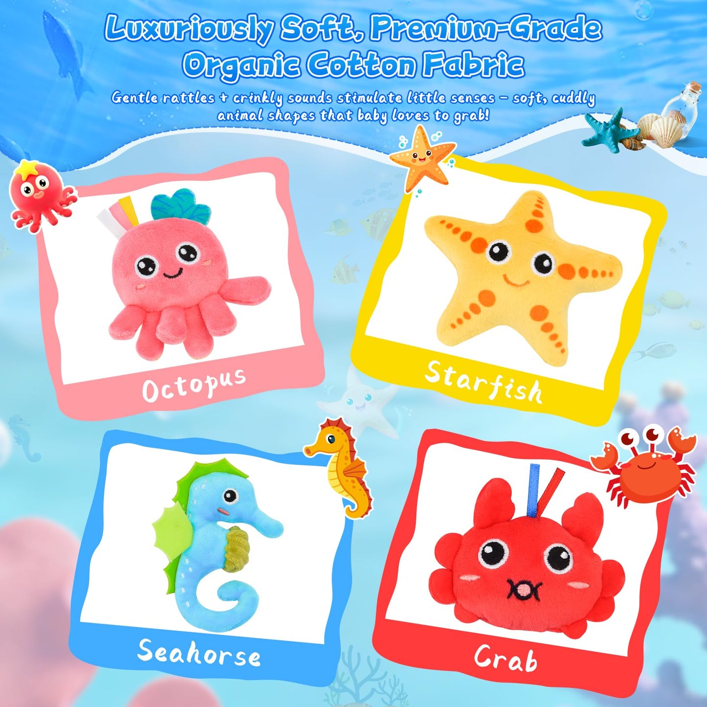 Zendstanding Baby Wrist Rattle Foot Finder Socks Set, CPC Safe Sensory Plush Toys for 0-12 Months Newborn Boys Girls, Ocean Rattles Baby Shower Registry Gift for Expecting Moms Essentials