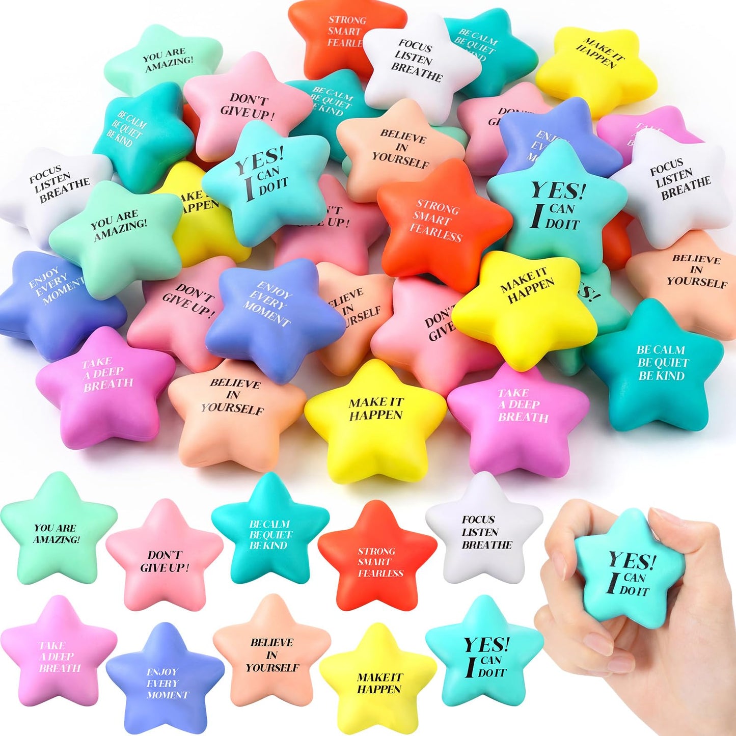 Sotiff 100 Pack Star Stress Balls Bulk for Adults Kids Stress Relief Balls with Motivational Quotes Mini Inspirational Foam Squeeze Gifts Party Favors Toys for Anger Fidget Relief(Cute Colors)