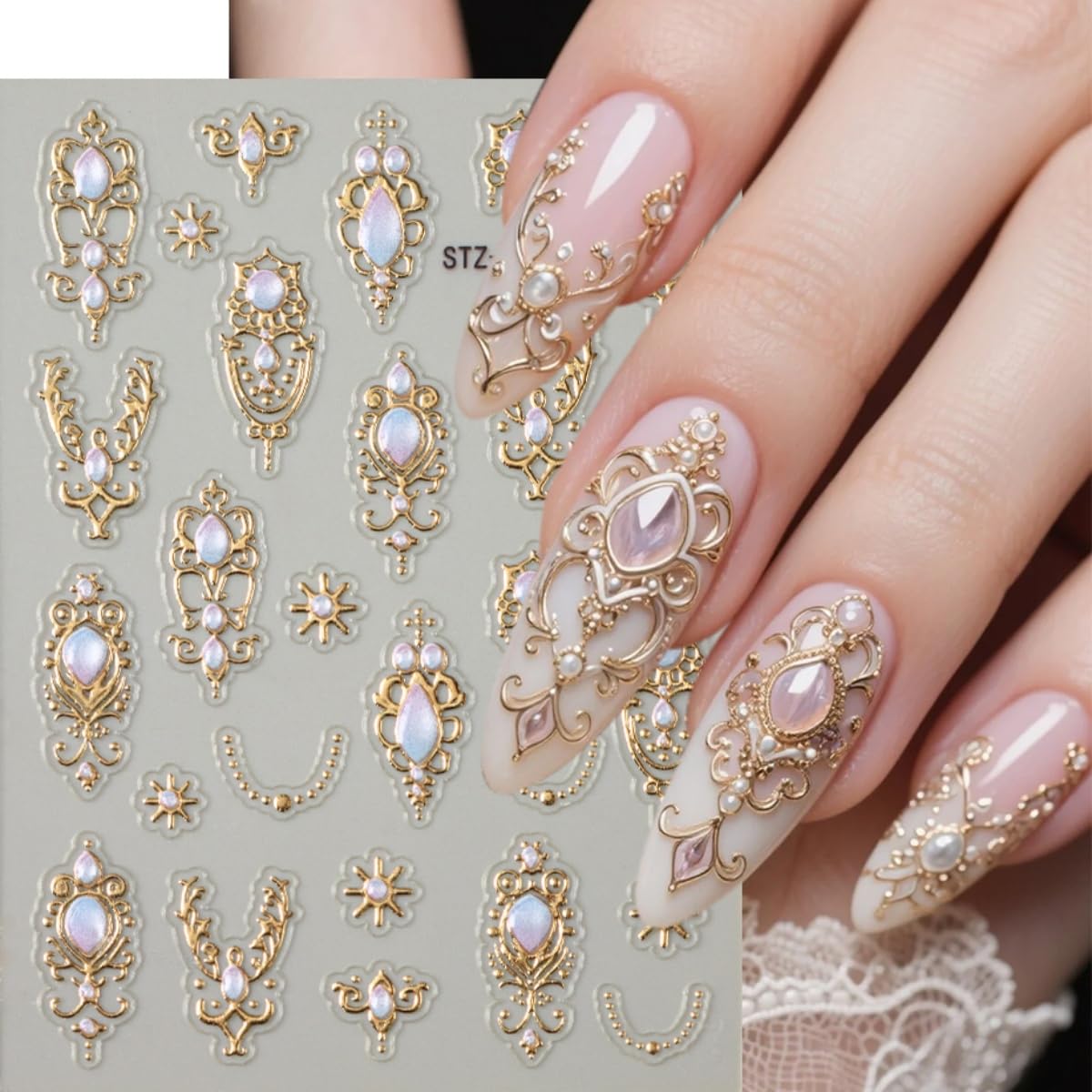 4 Sheets Flower Nail Art Stickers 5D Embossed Retro Floral Gemstone Nail Decals Gold Silver Carving Luxury Baroque-Style Scepter Self-Adhesive Nail Art Supplies for Women DIY Manicure Decoration