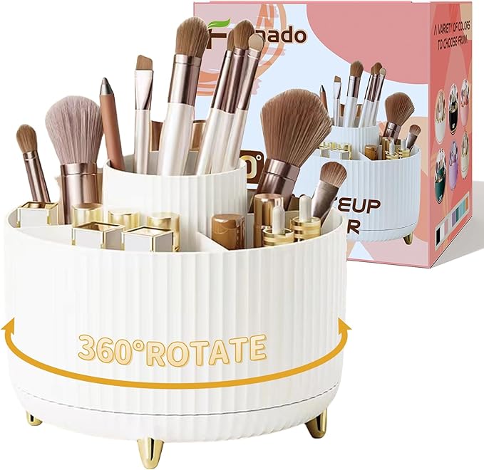 360ÃÂ° Rotate Makeup Brush Holder Organizer, Makeup Organizers Countertop, Makeup organization and Skincare Storage for Vanity, Desktop, Bathroom (White-1)