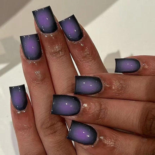 MISUD Press on Nails - Short Square Fake Nails with Goth Ombre, Acrylic Black Purple Design 24 pcs