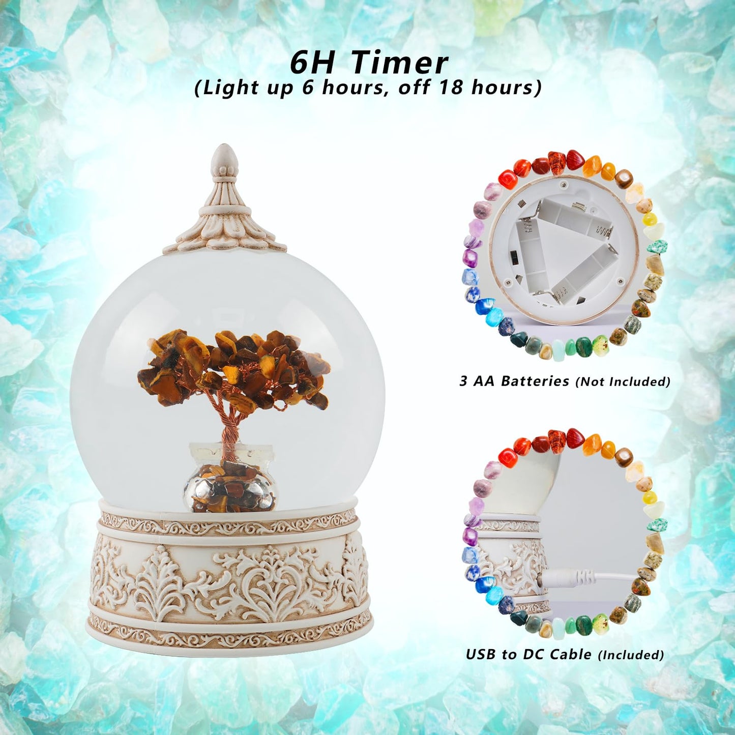 Tiger Eye Healing Crystal Tree Globe with Colorful Lights and Sparkling Glitter, Natural Gemstone Base, Spiritual Meditation, Positive Energy Good Luck, Home Decor, Birthday Gifts (Tiger Eye)