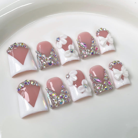 Luxury Press on Nails Short Duck Handmade 3D Unique Reusable ABS Material Fake Nails White French Tip False Nails with Designs Flower Rhinestones Bow Elegant Glossy Glue on Nail Thick Acrylic Nail(M)