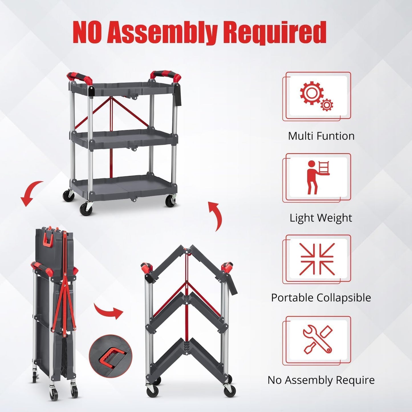 3-Tier Holds Foldable Utility Carts, Collapsible Service Rolling Carts with Wheels， for Home, Office, Garage, and Warehouse，No Installation Required