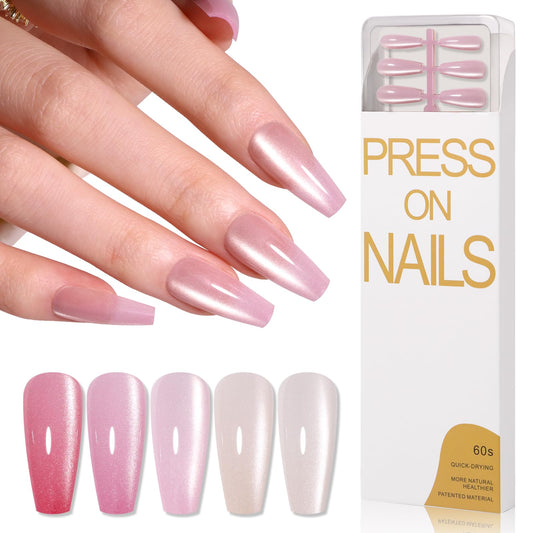 CUZIAM 150Pcs Cat Eye Press on Nails Coffin Medium, 5 Colors Natural Nude Pink Reusable Artificial Acrylic False Nails Glass Magnetic Long Lasting Gel Nail Tips,Fake Nails Manicure Kit for Women