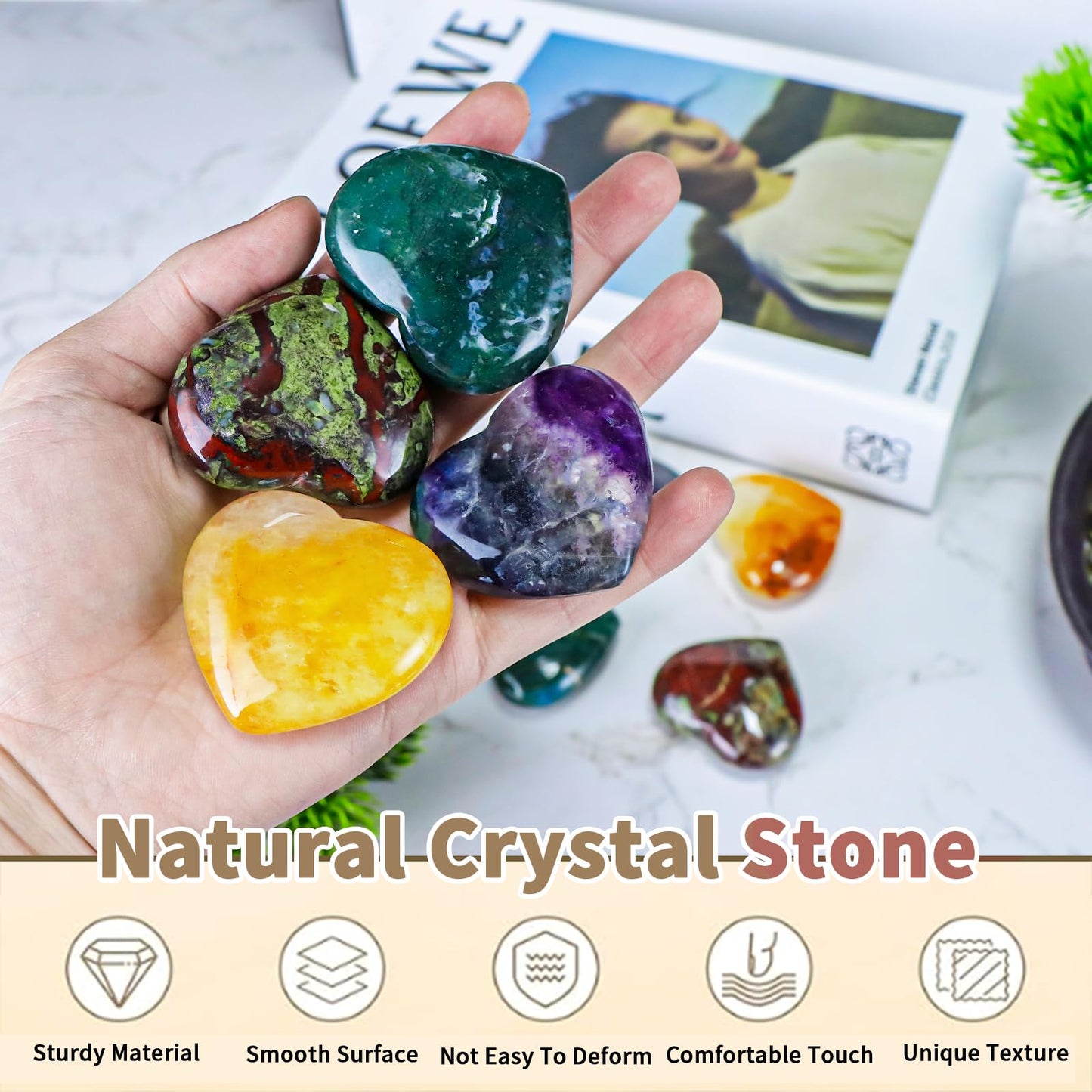 LEADGEM Rainbow Fluorite Heart Crystal Worry Stone for Anxiety Healing Heart Shaped Rock Stone Meditation Reiki Gifts Home Decor