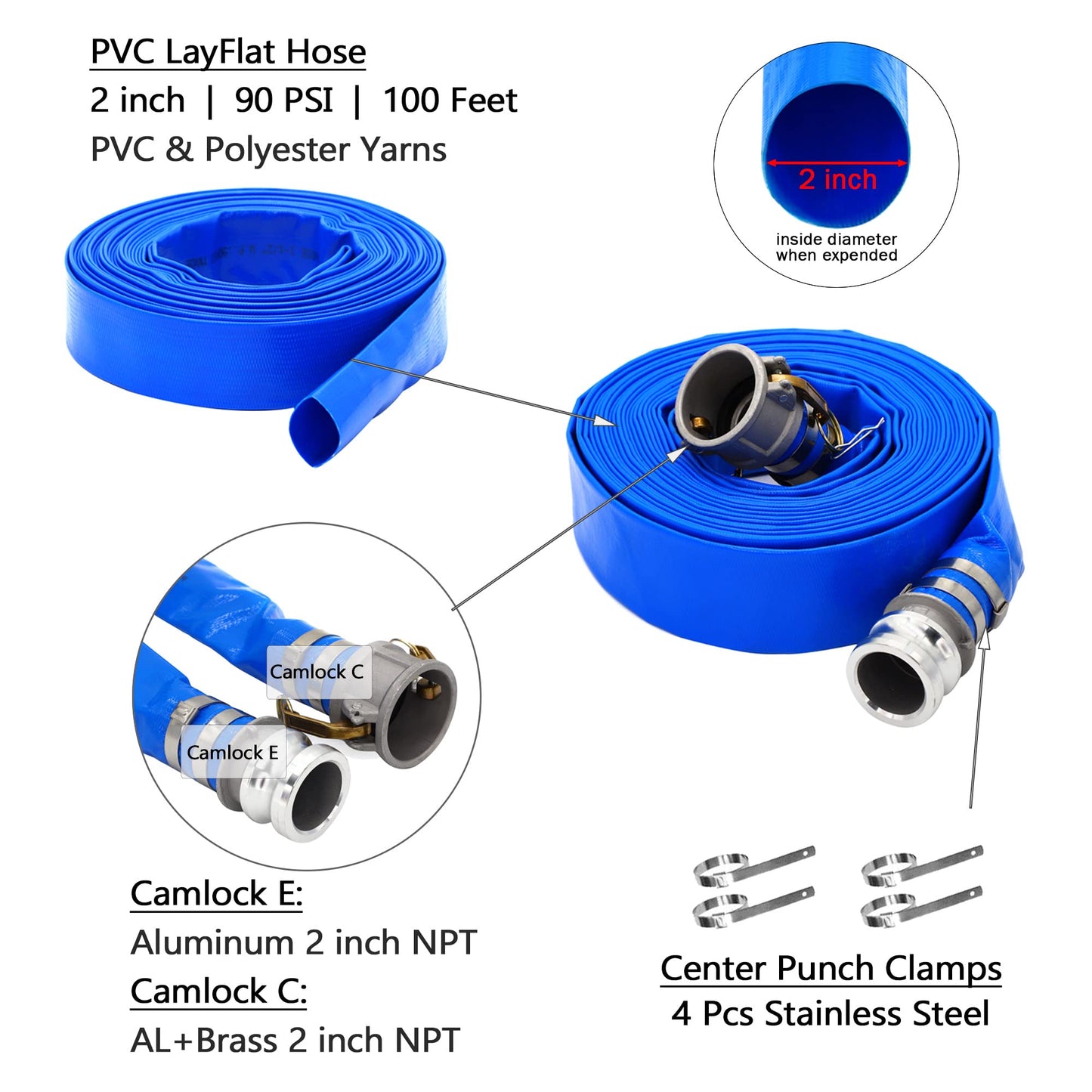 DAVCO 2" ID × 100 ft Pool Backwash Hose, Heavy Duty Reinforced Blue PVC Lay Flat Water Discharge Pump Hoses For Swimming Drain Pools and Clean Filters, with Aluminum Camlock C and E Fittings