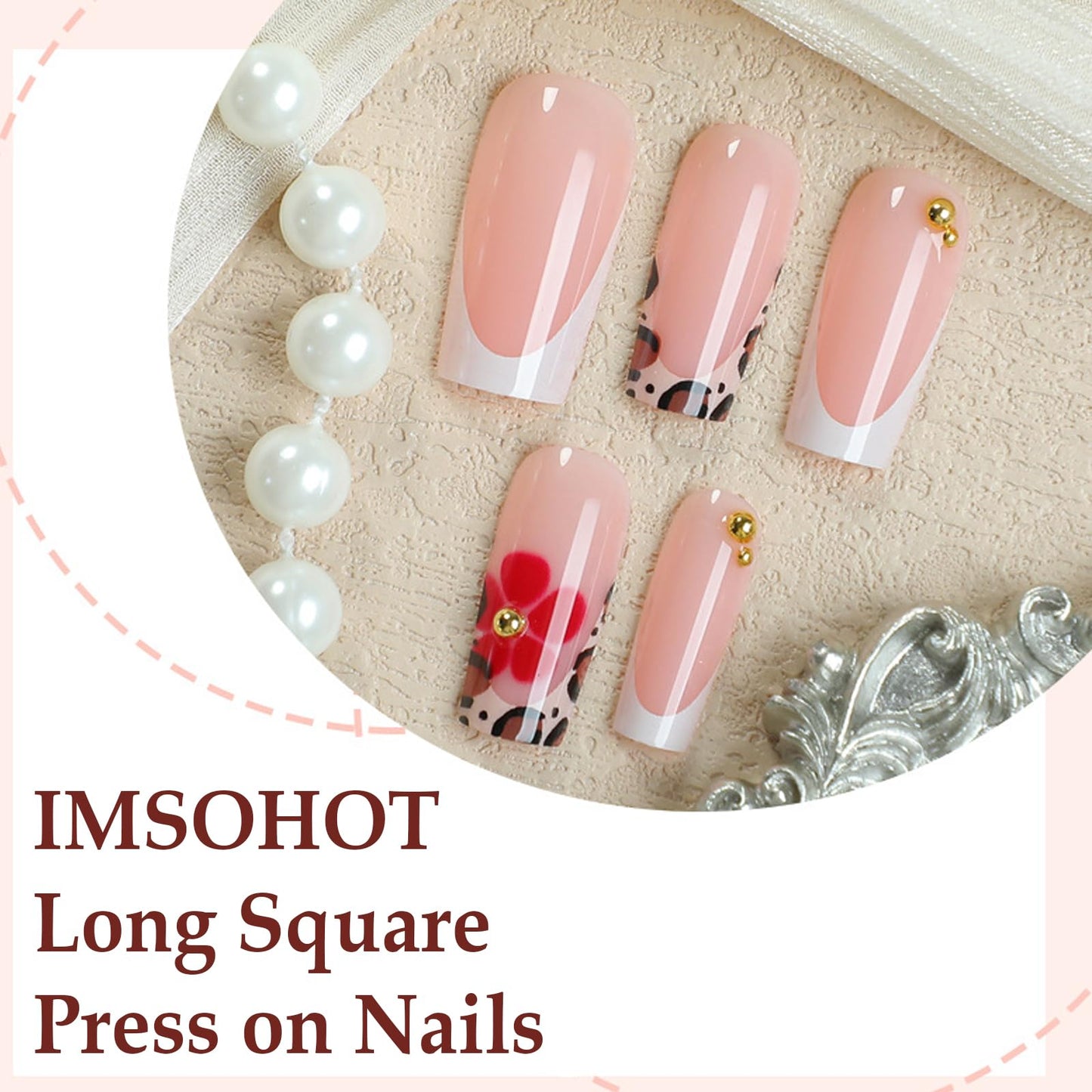 IMSOHOT Press on Nails Long Square Fake Nails - Leopard Print French Tips, Red Flower, Glossy Acrylic False Nails Glue Stick on Nails for Women Girls DIY Manicure Supplies