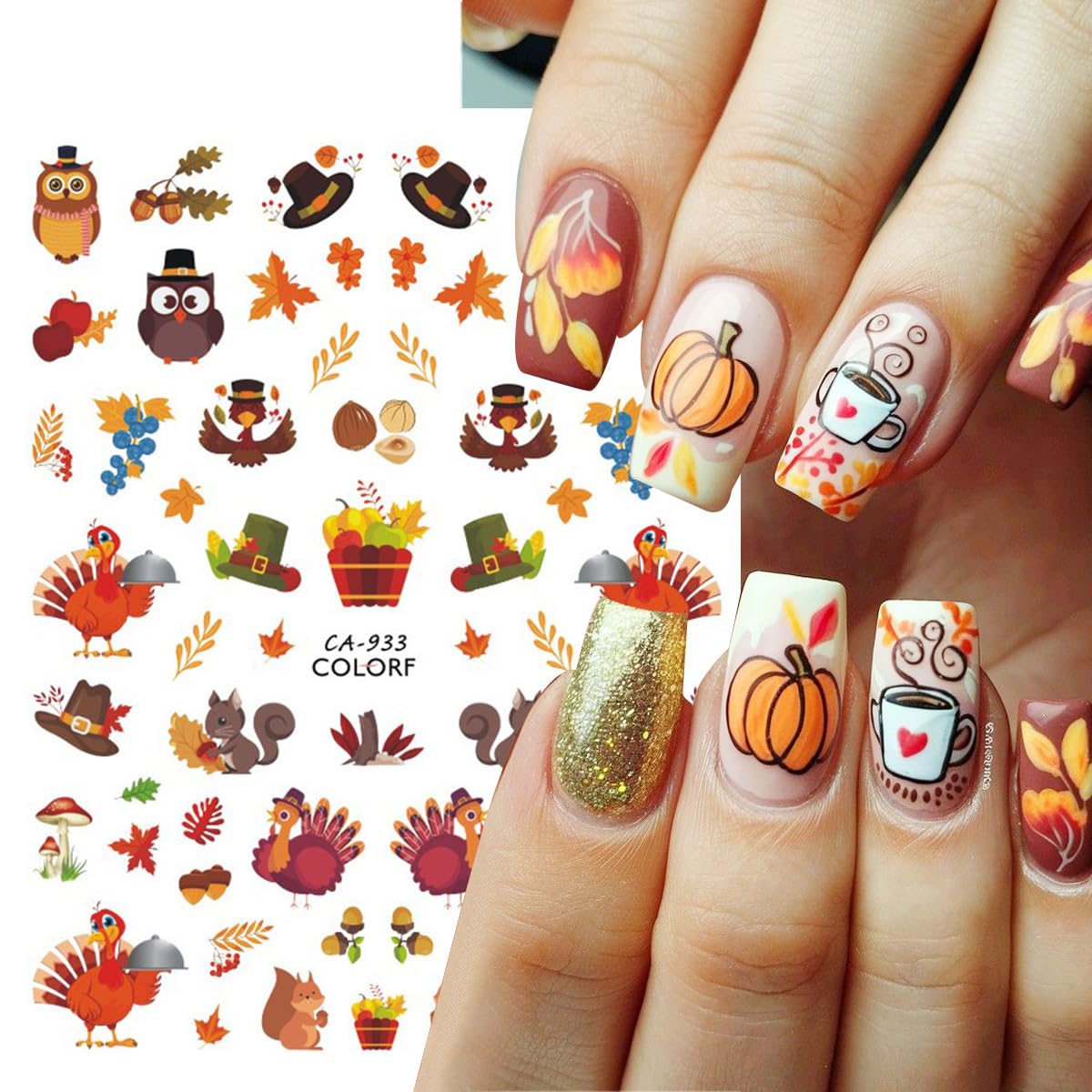 6 Sheets Fall Nail Stickers for Nail Art 3D Cute Turkey Pumpkin Nail Art Stickers Autumn Maple Leaf Sunflower Design Thanksgiving Nail Decals Nail Art Supplies for Women Acrylic Manicure Decoration