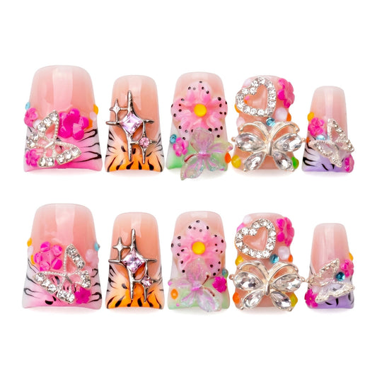 Handmade Luxury Press on Nails Medium Duckbill False Nails Summer with Floral Rhinestones Design Fake Nails Reusable Full Cover Acrylic Nails for Women Manicure 10Pcs (Size M)