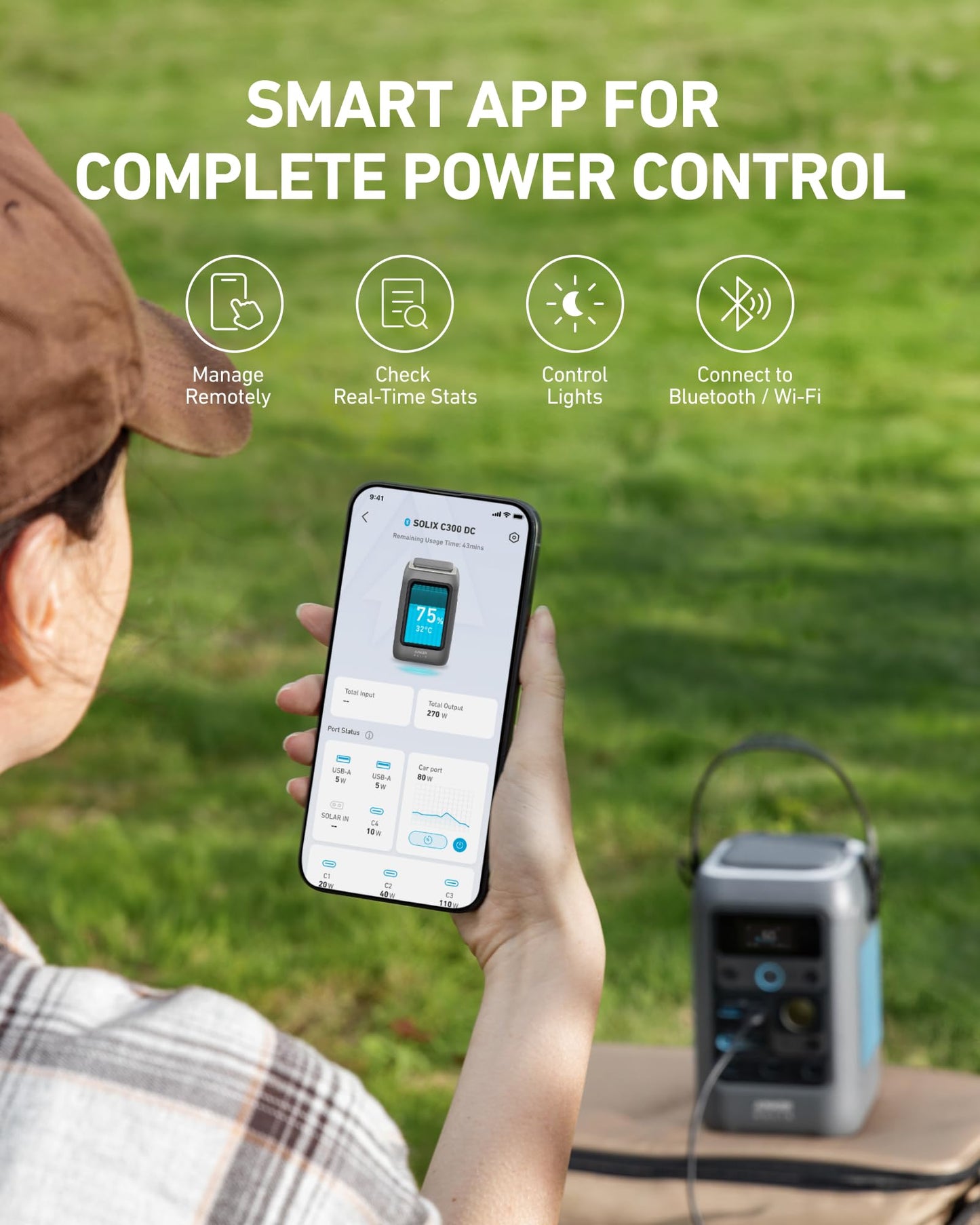 Anker SOLIX C300 DC Power Bank Station with Car Charging Cable, Outdoor 288Wh, Portable Power Station, LiFePO4 Battery, 300W Solar Generator, for Camping, Traveling, and Emergencies