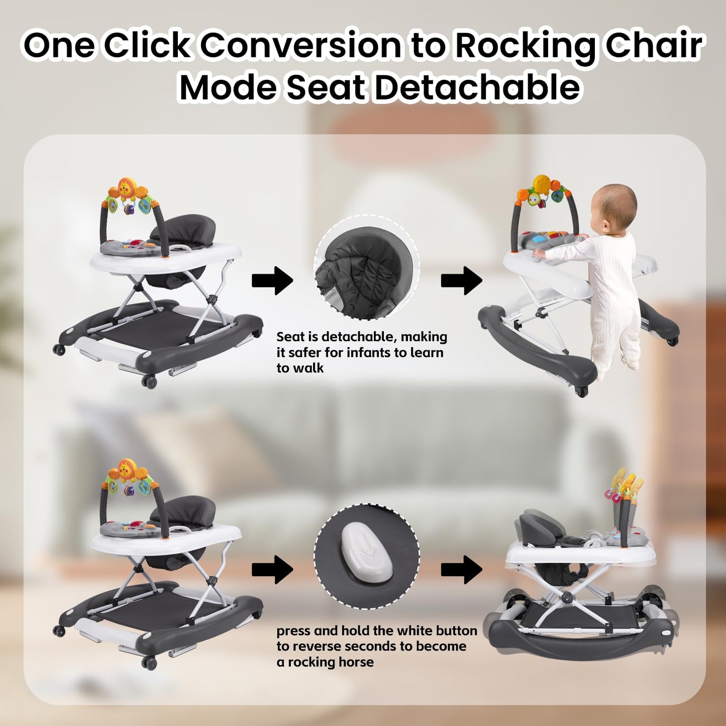 Baby Walker, 5-in-1 Baby Walkers for Boys and Girls 6-12 Months with Bouncer, Removable Footrest, Feeding Tray & Music, Foldable & Adjustable Activity Walker for 6-18 Months Toddler Infant