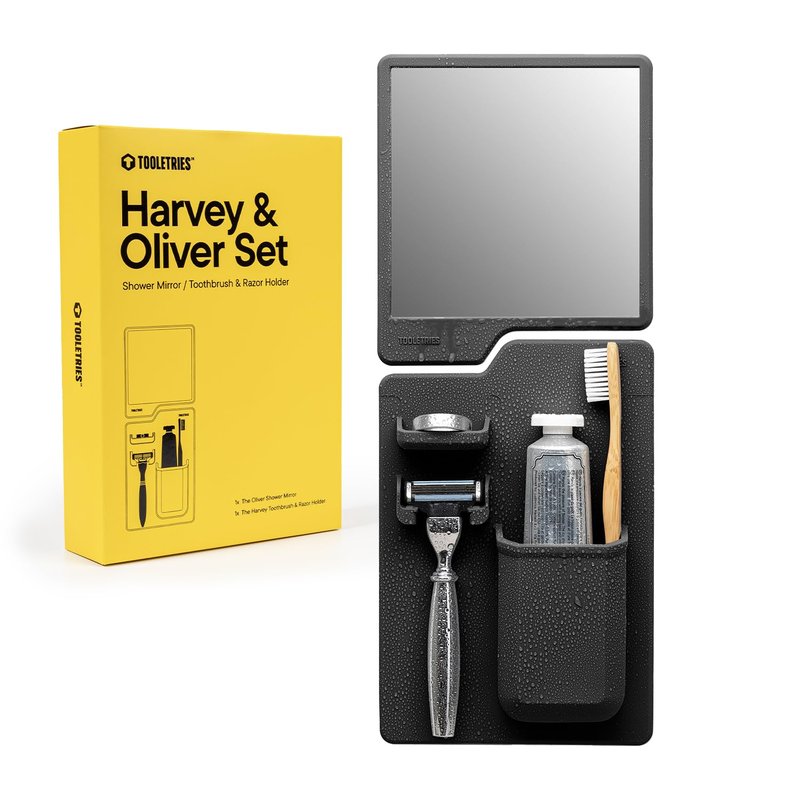 TOOLETRIES The Harvey & Oliver Set, Silicone Wall Mounted Bath & Shower Organizer with Clear-View Shatterproof Grooming & Shaving Mirror, Easy Installation, Removable & Reusable - Charcoal