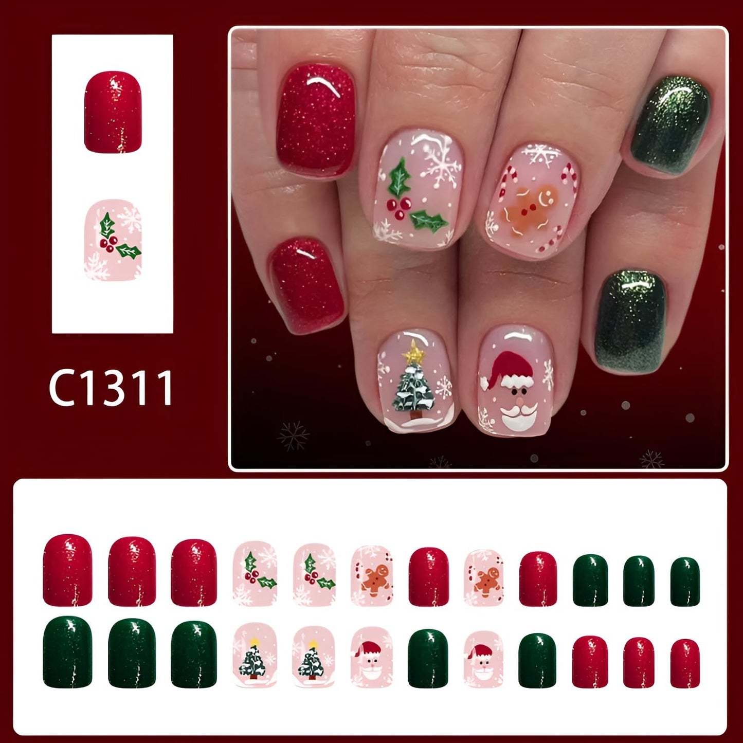 Christmas Press on Nails Short Holiday Fake Nails with Gingerbread Man Christmas Tree Santa Claus Design Square Green Red Nails Press ons Snowflake False Nails Glitter Glue on Nail for Women 24Pcs