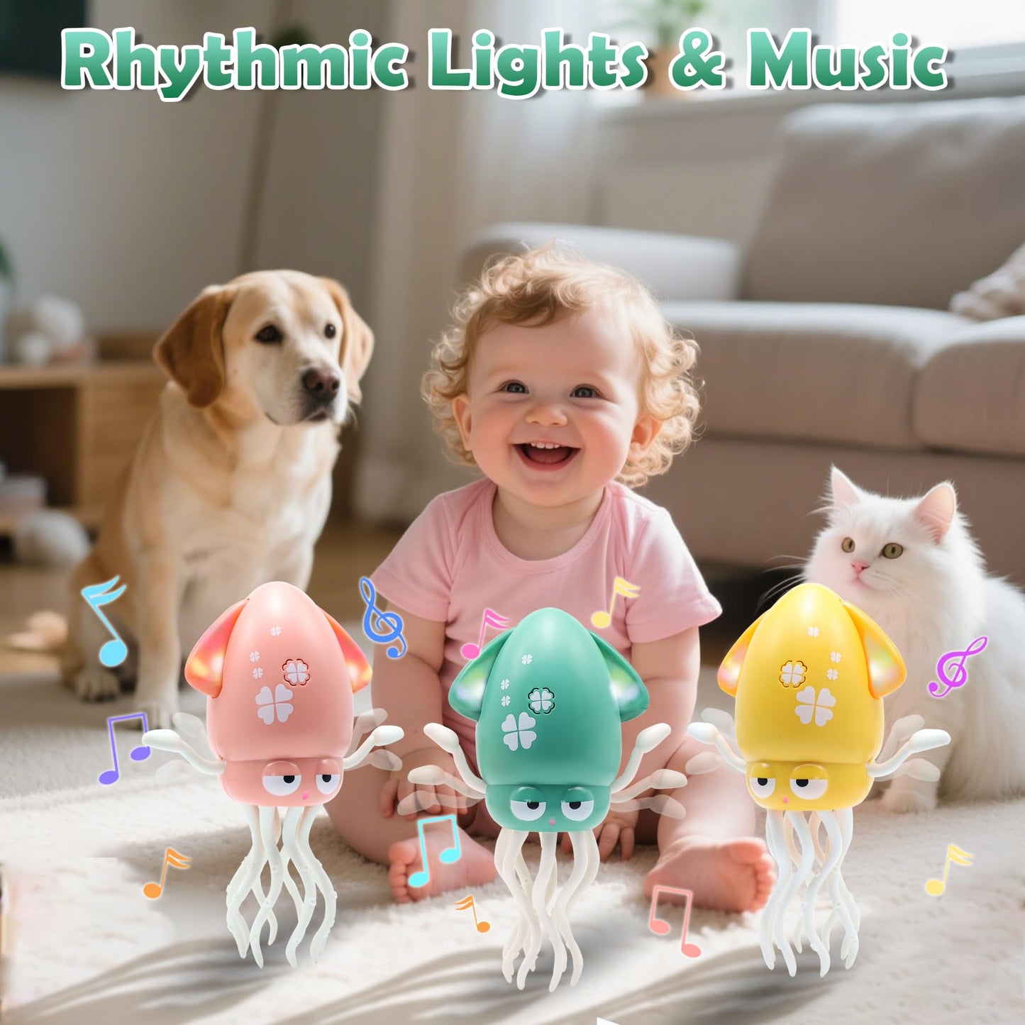 Pbooo Magic Dancing Octopus Toy, Electric Crawling with LED Lights and Music, Rechargeable Music Squid Baby Toy for 1-6 Year Olds, Tummy Time and Toddler Walking Toy, Birthday Gift, Green