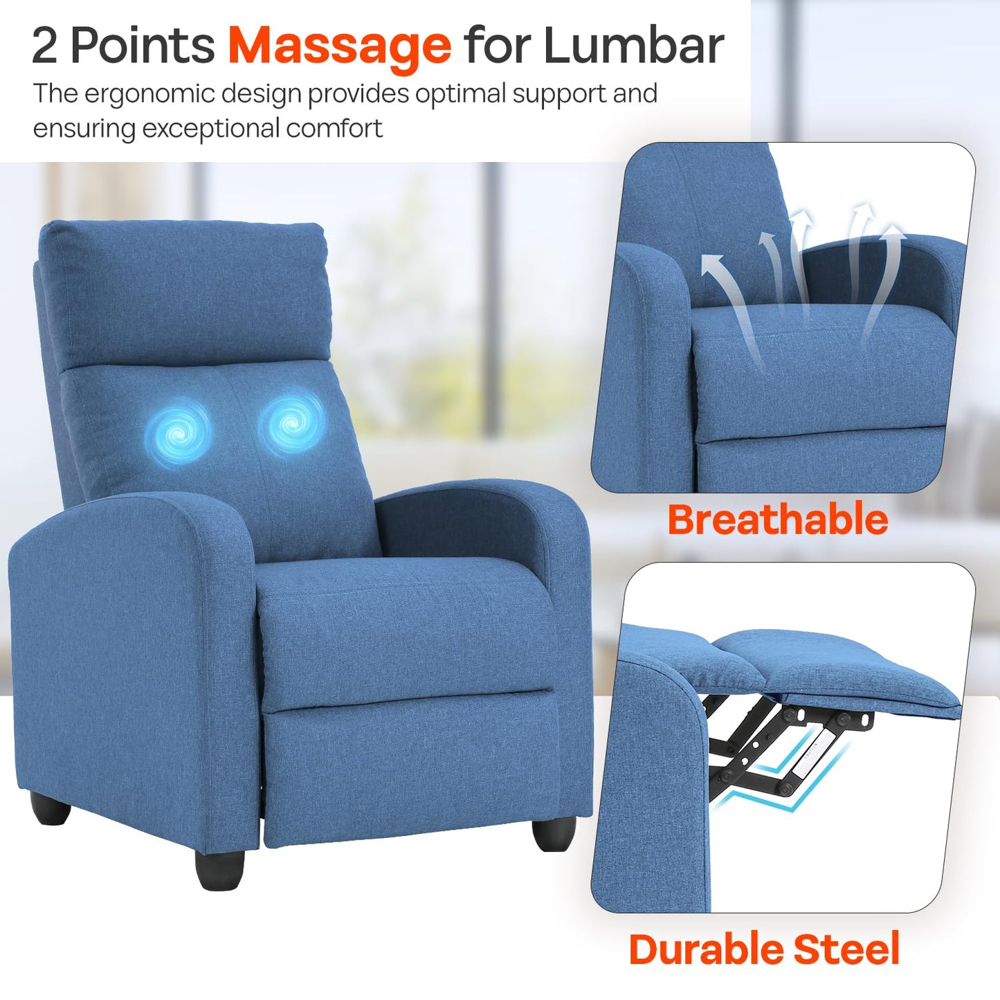 FDW Recliner Chair Massage Chair Reading Chair Reclining Sofa Home Theater Seating with Lumbar Support Massage and Padded Backrest for Living Room and Bedroom (Textile, Blue)