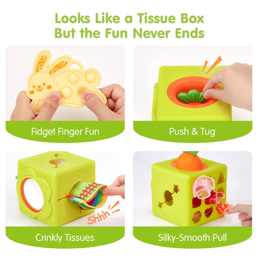 hahaland Baby Sensory Toys - 16 PCS My First Fruit Vegetable Color Sorting Play Food and Baby Tissue Box Toy - Silicone Baby Toys 6-12 Months Montessori Toy for 6 Month Old