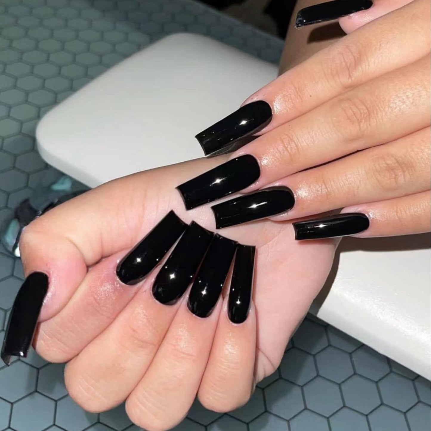 IMRAIN Long Press on Nails Square Fake Nails Black Full Cover Acrylic False Nails Glossy Extra Long Glue on Nails 24Pcs