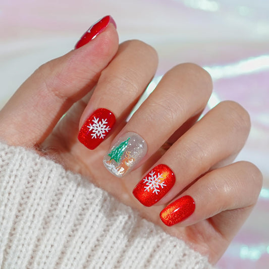 Christmas Press on Nails Short, Jofay Fashion Red Press on Nails, Fake Nails with Snowman, Xmas Tree and Elk Designs, Reusable Acrylic Cat Eye False Nails Glue on Nails Kit 32 Pcs