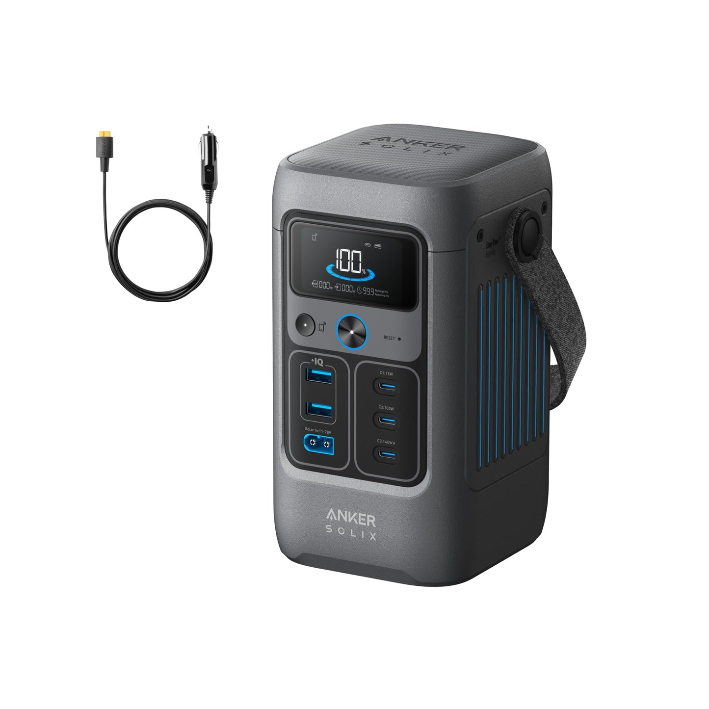 Anker SOLIX C200 DC Power Bank Station with Car Charging Cable, 192Wh Portable Power Station, LiFePO4 Battery, 200W Solar Generator, for Outdoor Camping, Traveling, and Emergencies.
