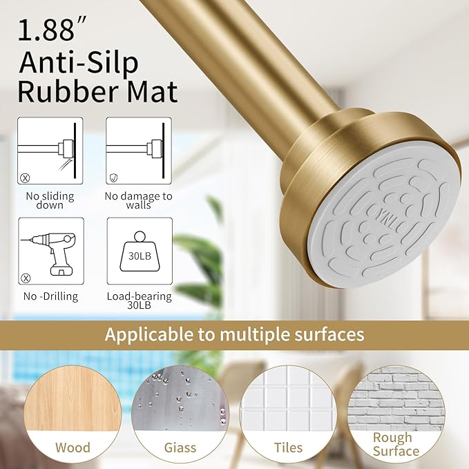 YNL Tension Shower Curtain Rod 34-66 Inch, Adjustable Spring Tension Curtain Rod No Drilling, Non-Slip, Never Rust, Stainless Steel, for Small Window Laundry Door Entryway, Gold