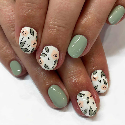 Green Flower Press On Nails Short Oval Fake Nails Artificial Acrylic False Nails With Leaf Designs Spring Glossy Nails Press Ons Full Cover Glue On Nails Short Stick On Nails For Women Girls
