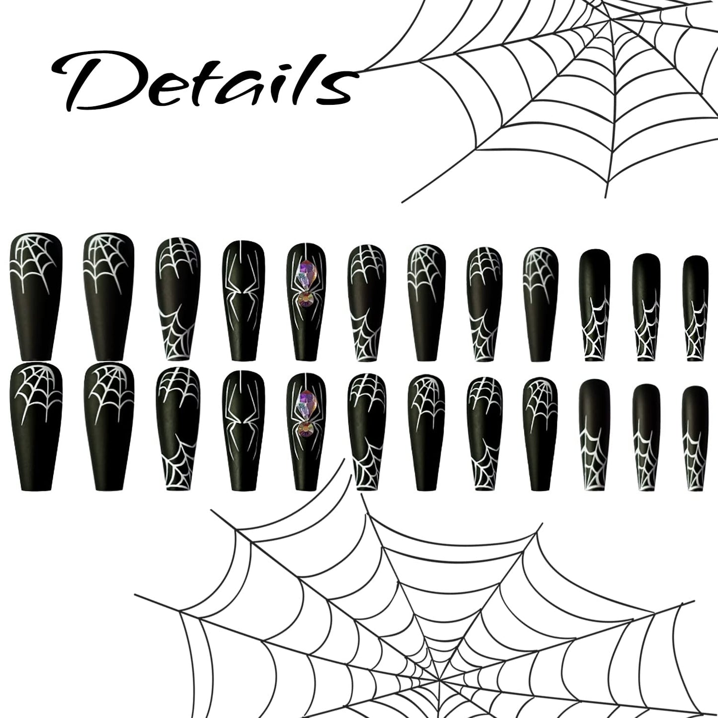 Halloween Press on Nails Long Coffin White Spider Web Fake Nails with Rhinestones Stick on Nail Black Full Cover Acrylic Nails False Nails for Women Girls 24Pcs