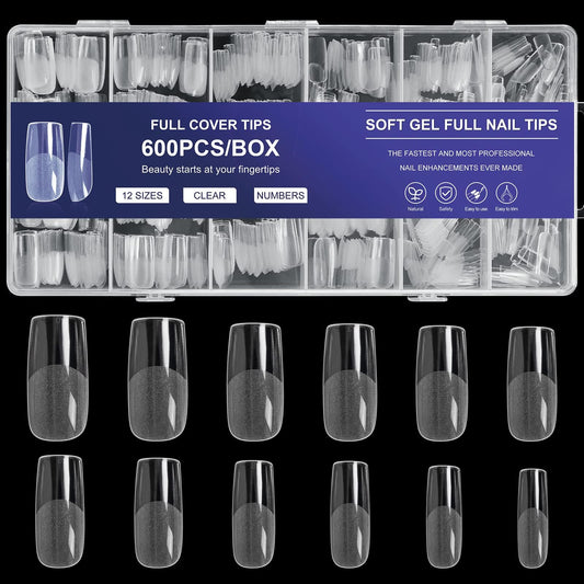 AORAEM Square Nail Tips, Pre-Shaped Clear Acrylic Fake Nails, Full Cover Half Matte Press On Nails for Home DIY Nail Salons, 600PCS Medium Square