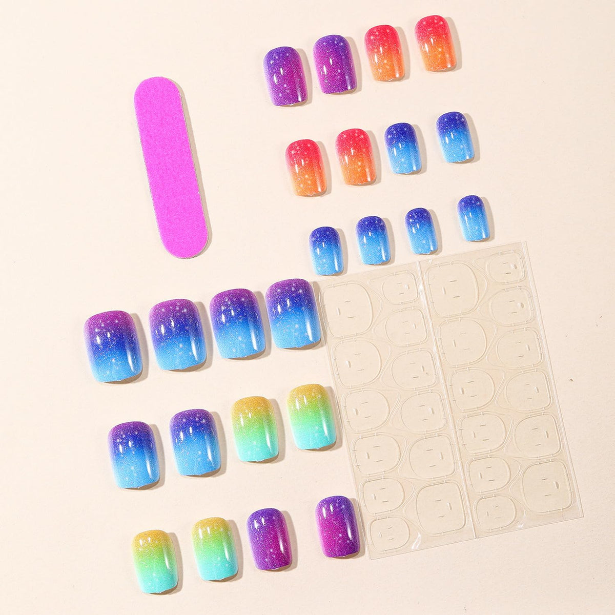 Colorful Press on Nail Short Square Fake Nails Full Cover Gradient Press ones with designs Stick on Nail Glossy Summer Glue on Nails Glitter Reusable False Nails for Women 24pcs
