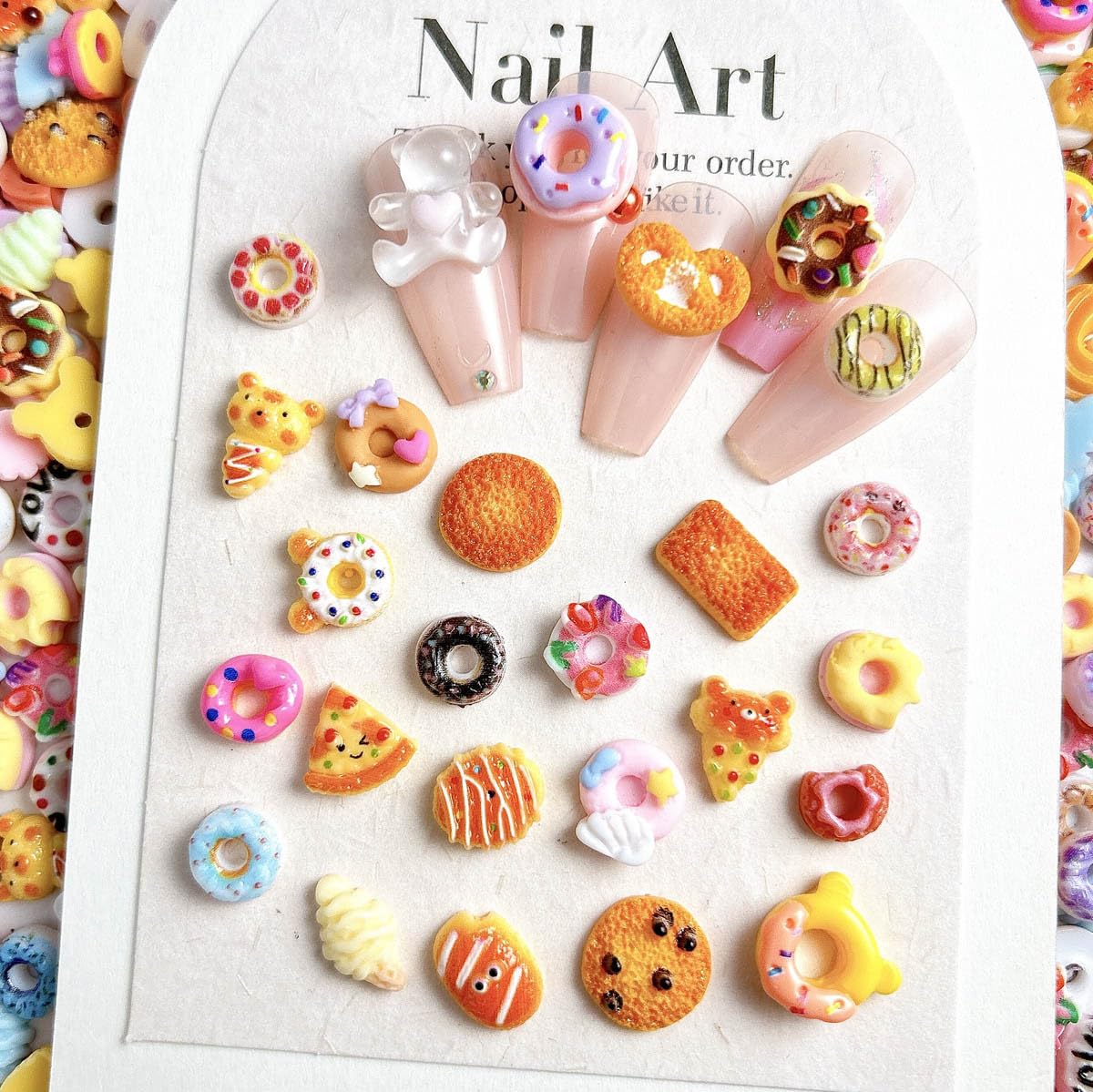 AWDSLUY 50Pcs Colorful Snack Nail Art Charms 3D Resin Food Flatback Nail Charms Donut Nail Supplies Biscuit Bread Ice Cream Pizza Nail Art Rhinestones Mixed-Style Food Toys Nail Art Accessories DIY