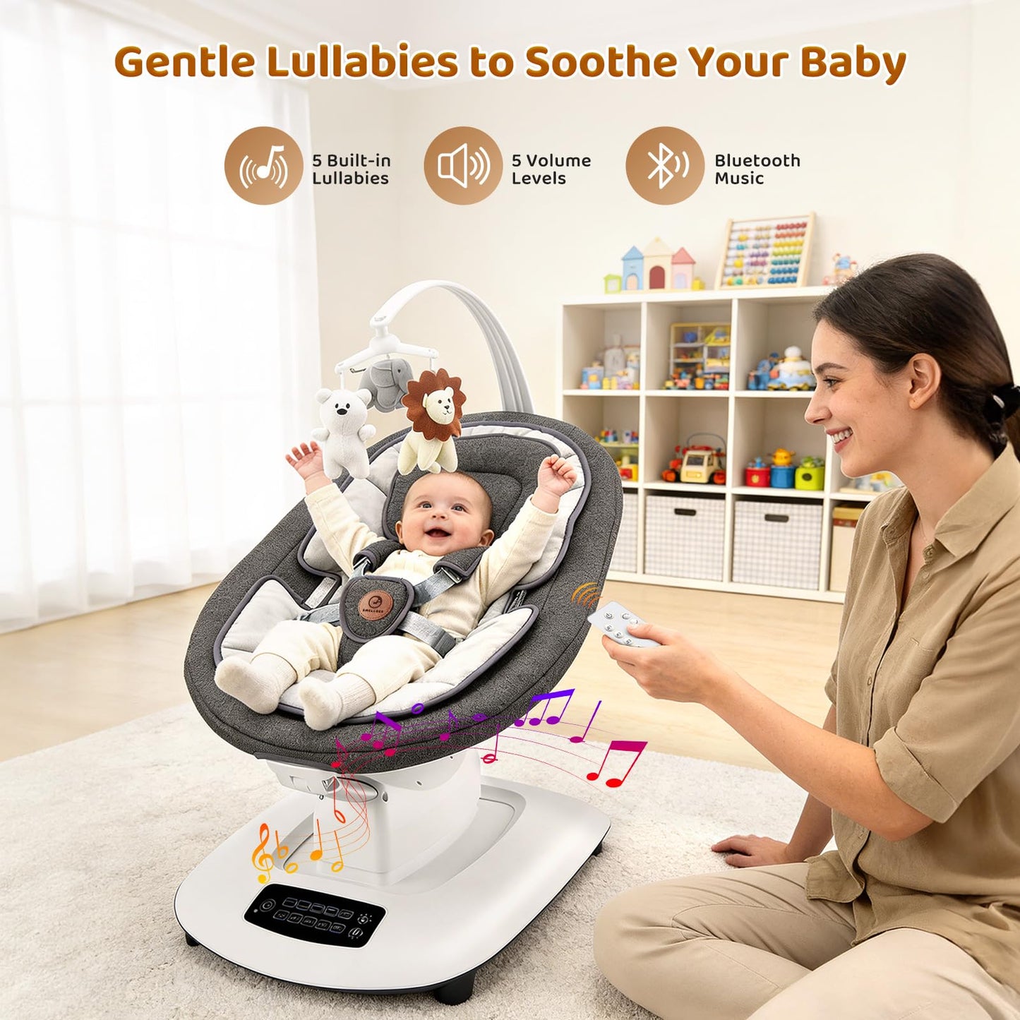 Baby Swing, Multi-Motion Baby Swings for Infants to Toddlers, Enabled with 5 Unique Motions & 5 Speeds, 360° Rotating Seat, 5-Point Harness, 5 Preset Lullabies