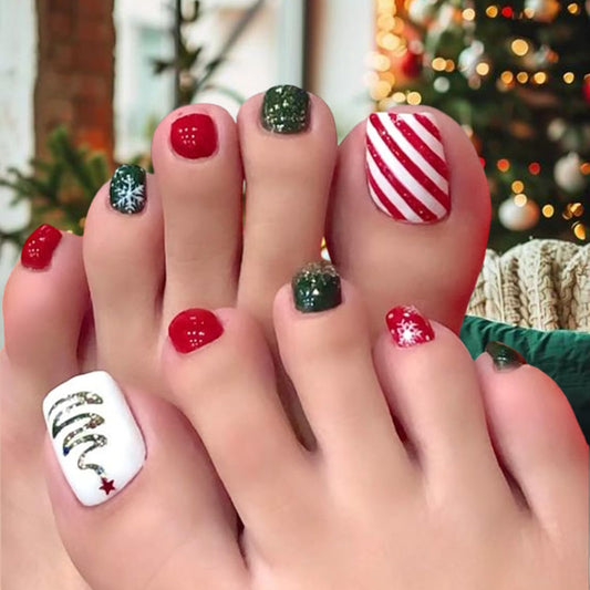 Christmas Glitter Press on Toenails Short Square Fake Toenails Glitter Christmas Tree Toe Nail Tips Snowflakes False Toenails Full Cover Glossy Christmas Toe Manicure Decorations for Women 24Pcs