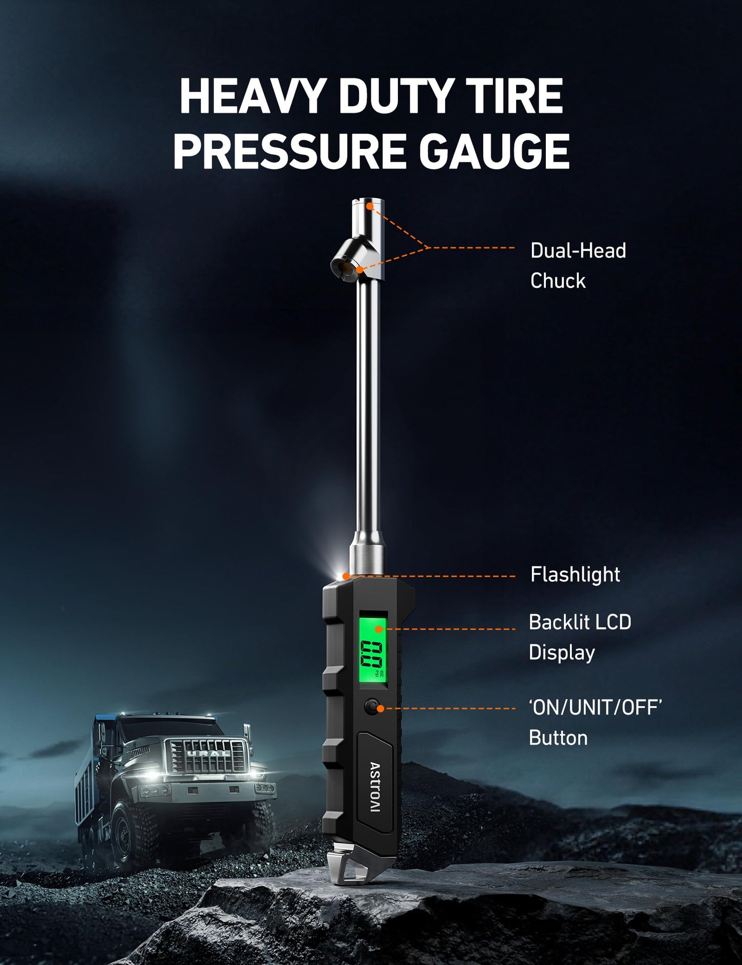 AstroAI Heavy Duty Digital Tire Pressure Gauge 0-230 PSI Calibrated to ANSI B40.7 Grade 2A (0.5%) with Backlit LCD & Flashlight, Stainless Steel for Truck RV Car Motorcycle Bike