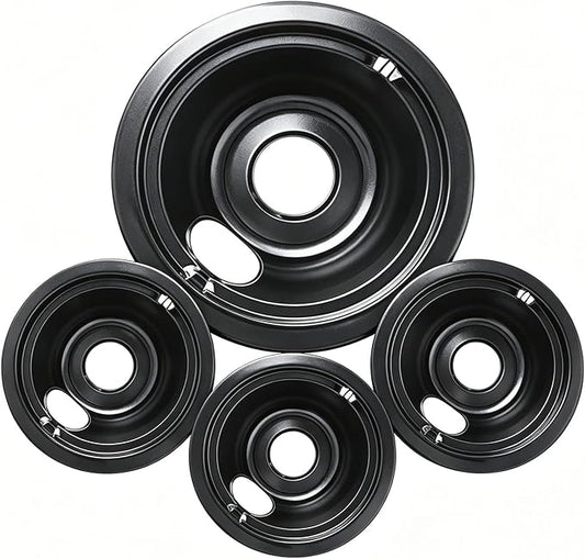 GE Black Stove Drip Pans, 10% Energy Save by Enamel Spraying Prevent Bending and Rust - Include 3Pcs 6'' Burner Drip Pans and 1Pcs 8'' Drip Bowl
