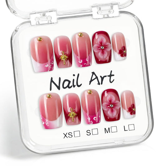 Flower Handmade Press on Nails Gradient Square 3D Flowers Rhinestones Design Fake Nails with French Tips Short Salon Quality Reusable Acrylic Nail Kit for Women 10 Pcs (S)