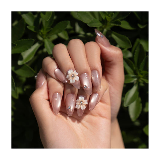 Handmade Press on Nails, Medium Almond Shaped Pink Cat Eye Fake Nails with 3D Flower and Rhinestone Charms, Reusable Full Cover Cute Elegant False Nails for Women, 10Pcs (M)