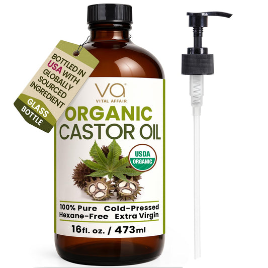 VITAL AFFAIR Organic Castor Oil 16 oz - Cold Pressed, Hexane Free & Unrefined Glass Bottle for Pack Wrap Routine, Hair Growth, Skincare, Face & Nails