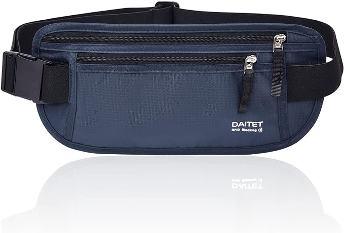 RFID Blocking Money Belt for Men Women, Slim Fanny Pack for TravelÃ¯Â¼ÂRunning,Conceal Waist Wallet for Passport Holder,Phone,Cash(Black Dark Blue)