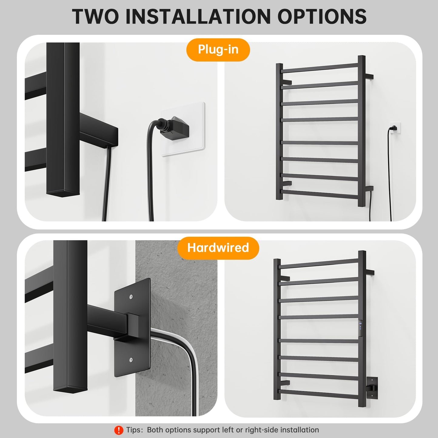 AquivaCoast Towel Warmer Rack, Heated Towel Racks for Bathroom, Wall Mounted Towel Warmer, Stainless Steel 8-Bars Drying Rack with Intelligent Touch Screen Timer, Matte Black