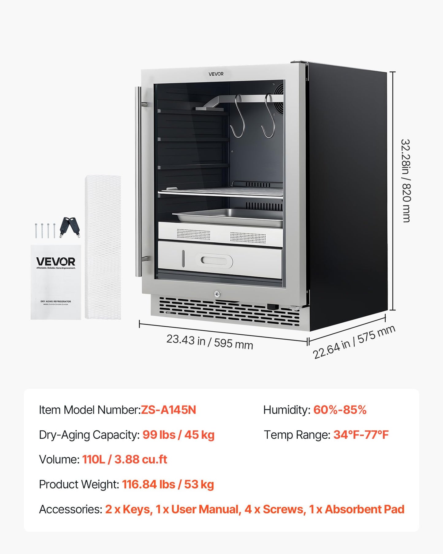 VEVOR 99 LBS Dry Aging Fridge for Steaks, Dry Ager Refrigerator for Meat with Precise Temperature & Humidity Control, Freestanding & Under Counter Beef Aging Machine, Himalayan Salt Not Included